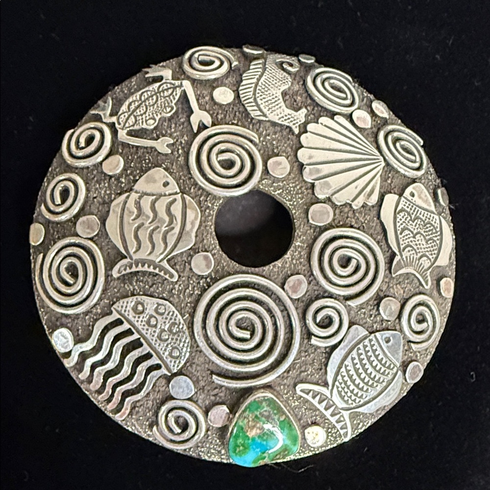 Alex Sanchez heavy gauge Silver and Royston Turquoise Seed Box with Sea Motifs